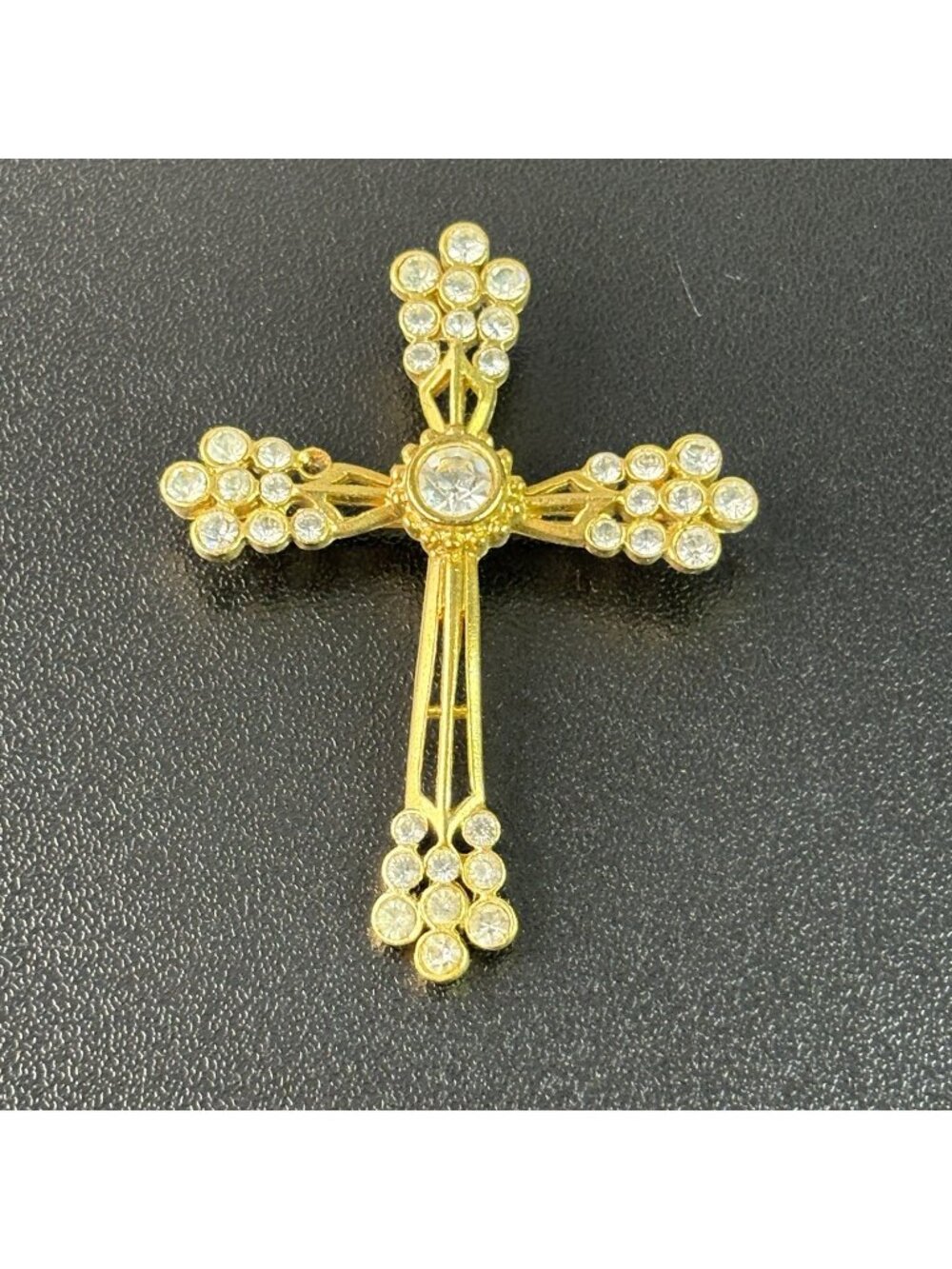 Gold Toned Cross Brooch Pin w/ Clear Stone Accents 2.25" Tall Religious Jewelry